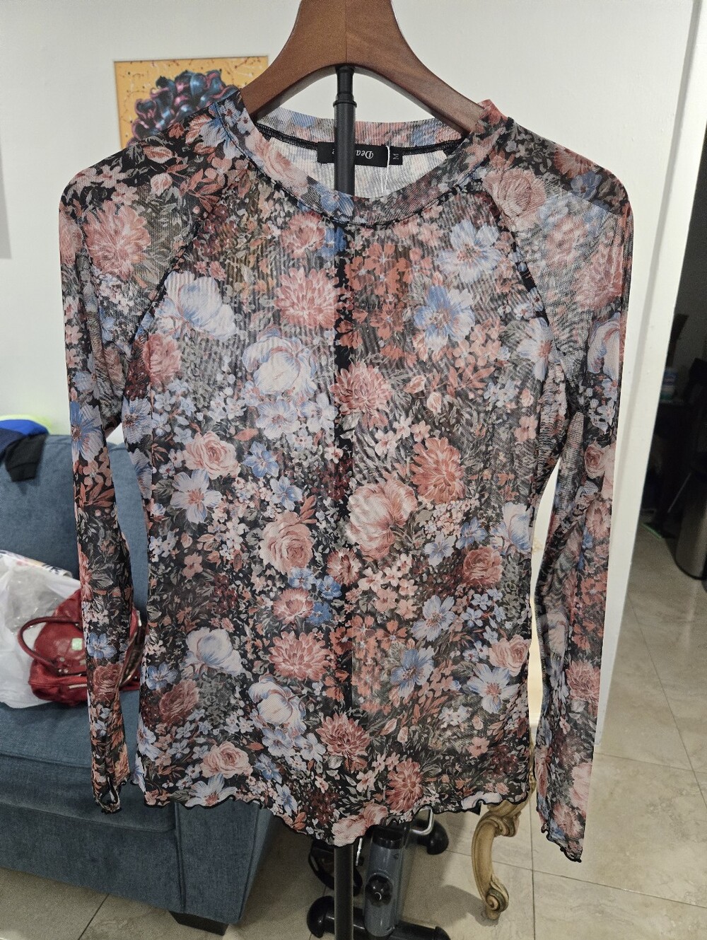 Delmore Floral Mesh Long Sleeve Sheer Top Size M Boho Y2K Romantic Blouse - Picture 3 of 11
